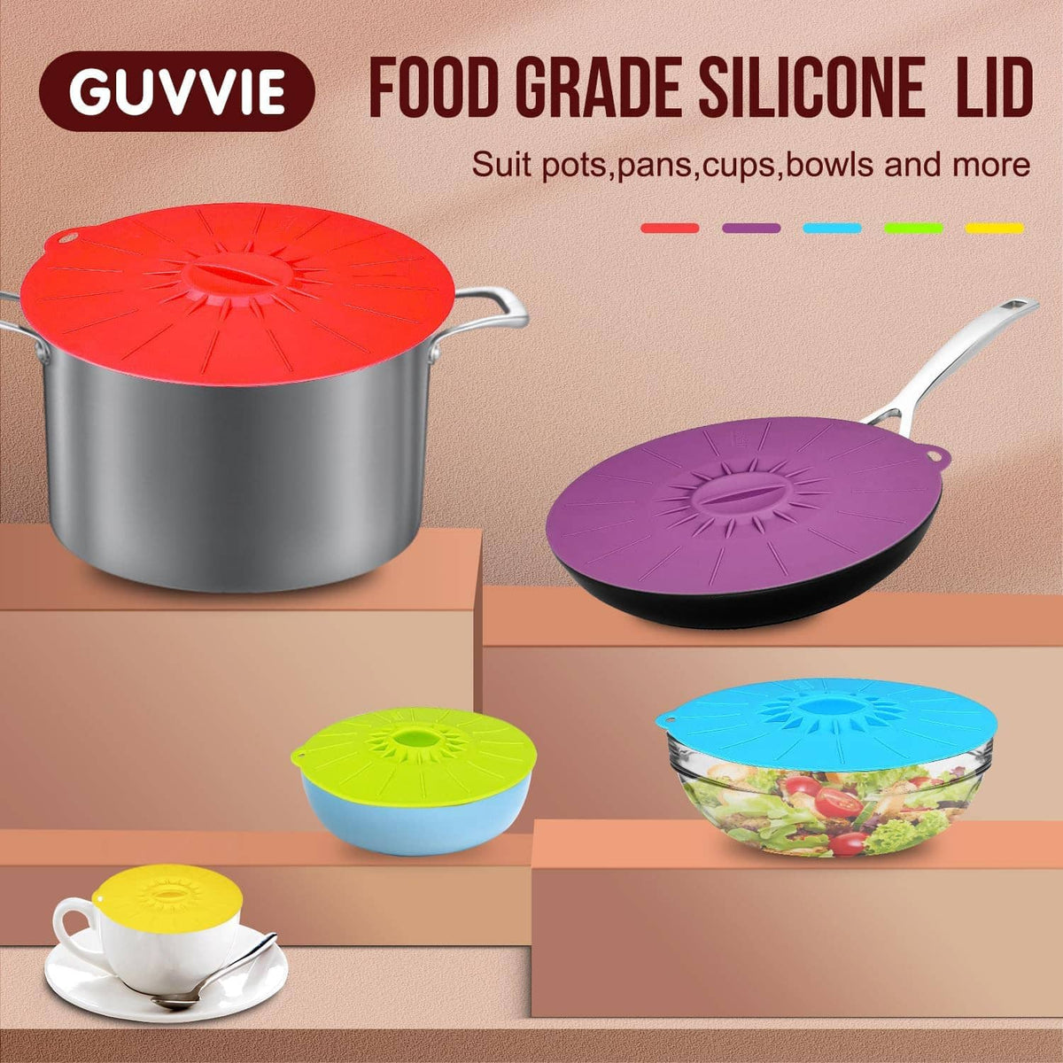Silicone food lid set with red and purple lids fitting pots, pans, cups, and bowls