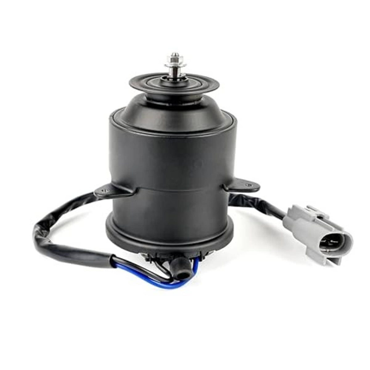 Radiator cooling fan motor with black housing, fan shaft, wiring harness, and plug
