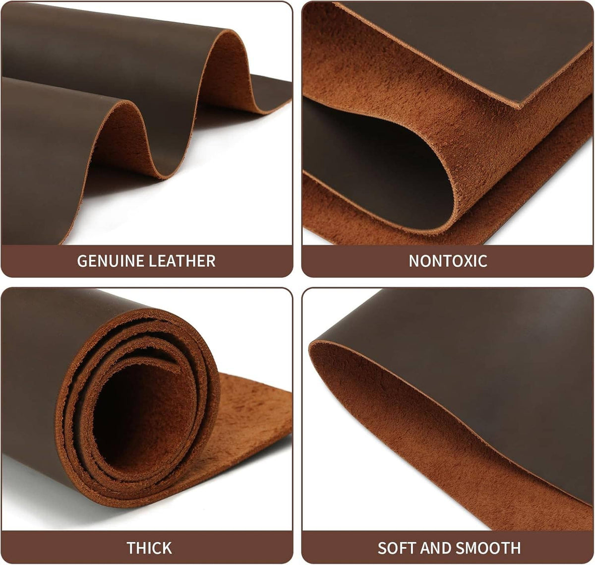 Brown leather sheet sample folds showing genuine leather and suede interior.