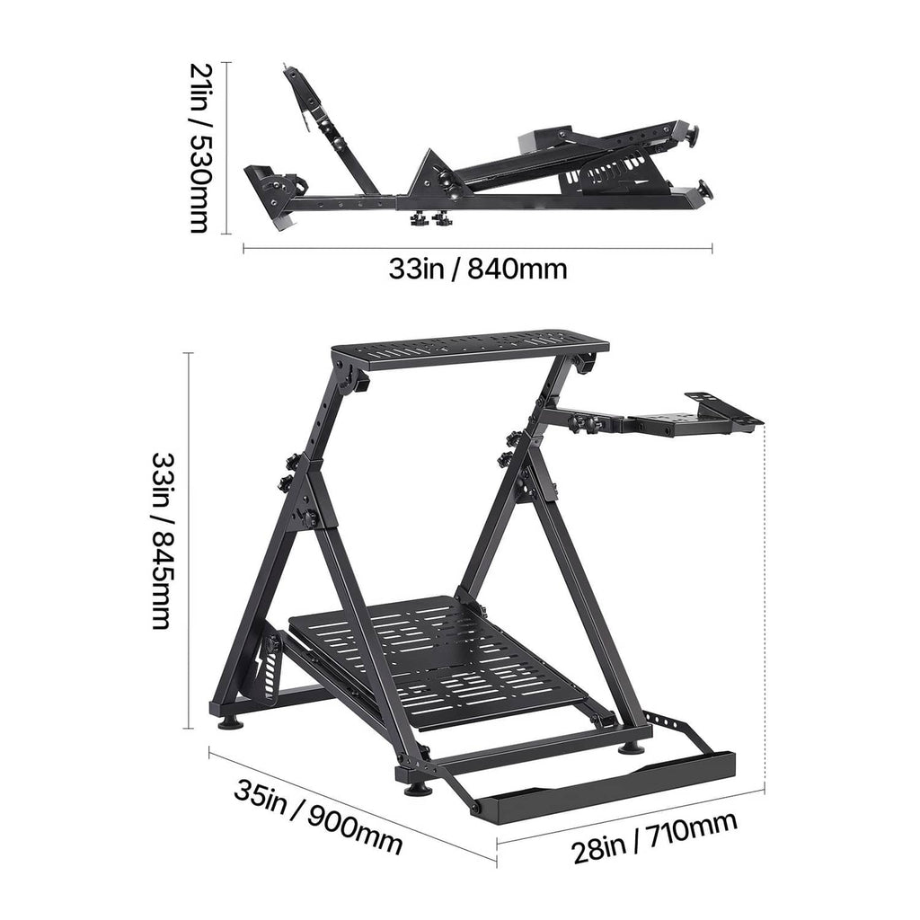 Foldable racing steering wheel stand with wide pedal platform and support legs