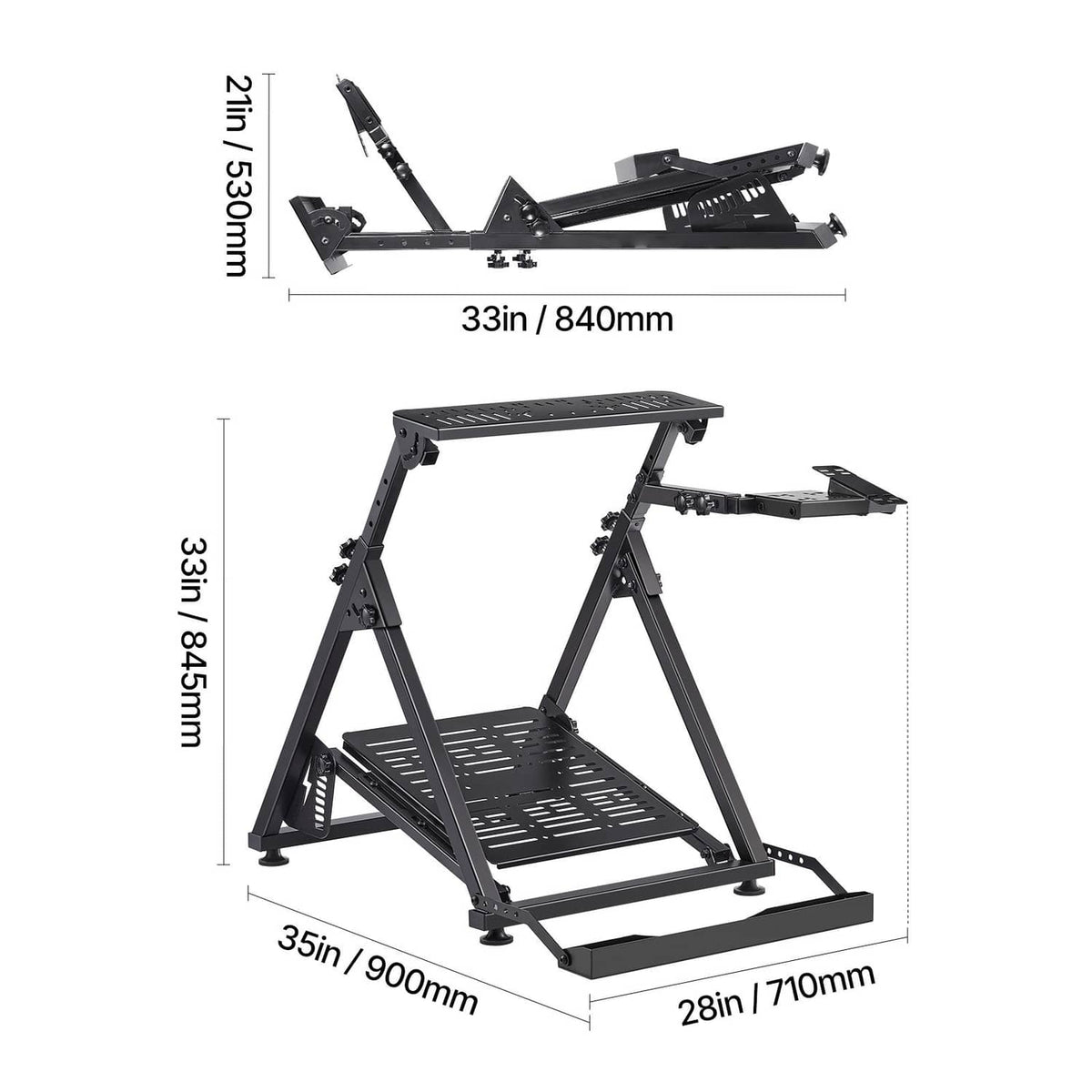 Foldable racing steering wheel stand with wide pedal platform and support legs