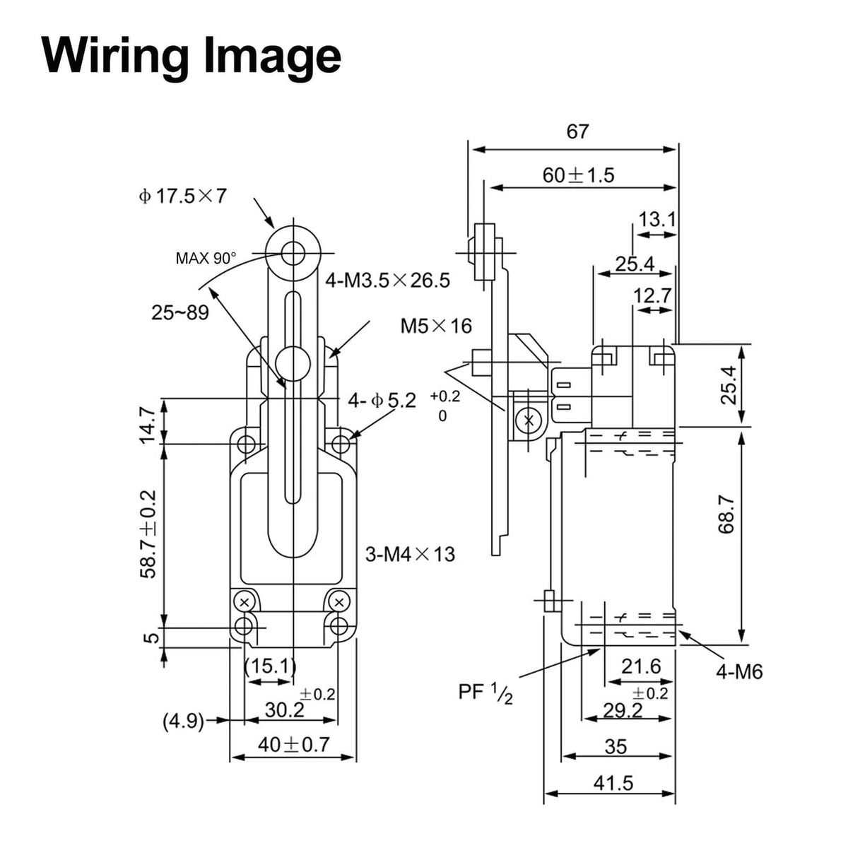 Limit switch wiring image with terminal layout and measurement lines