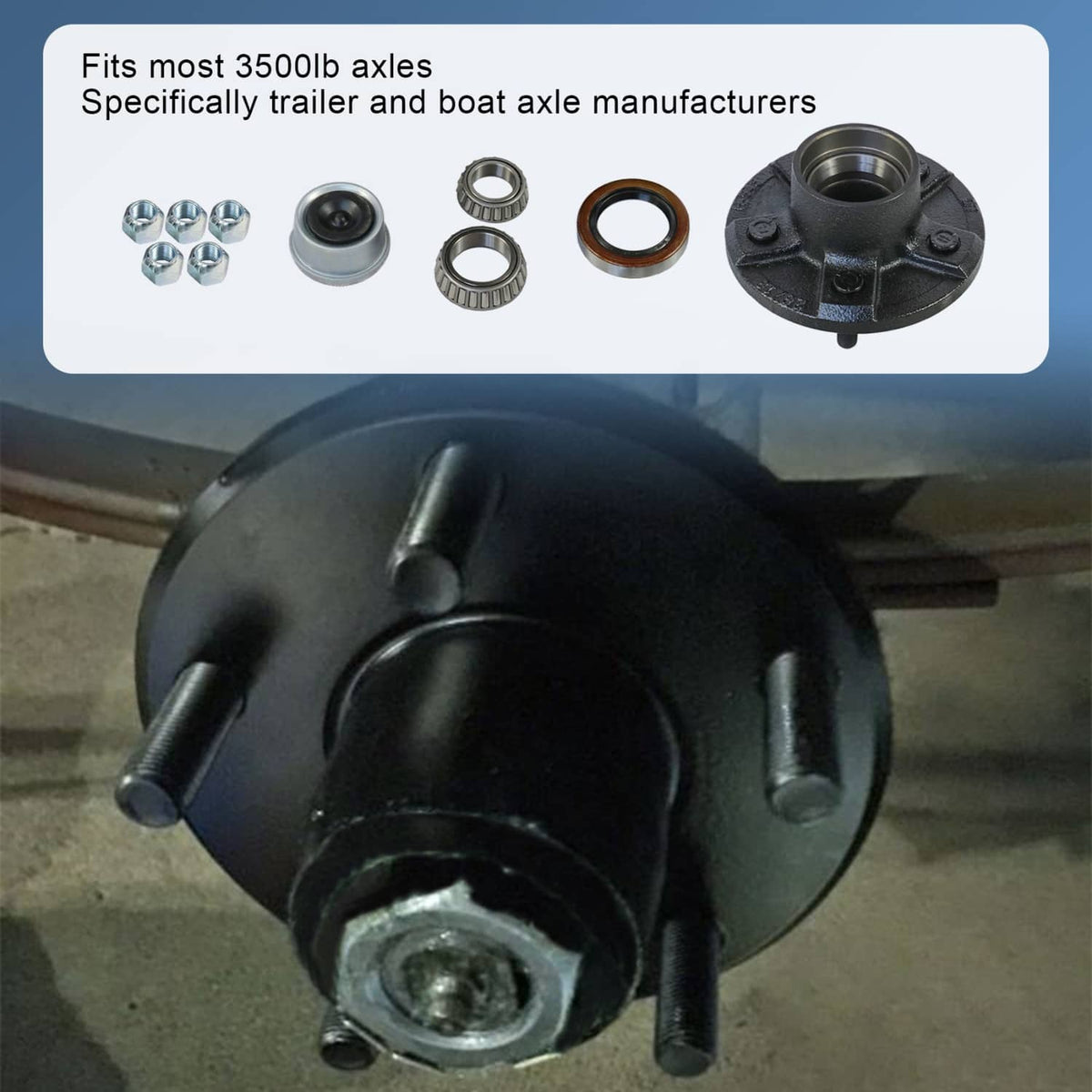 Trailer idler hub assembly with black mounting flange and installed bearings