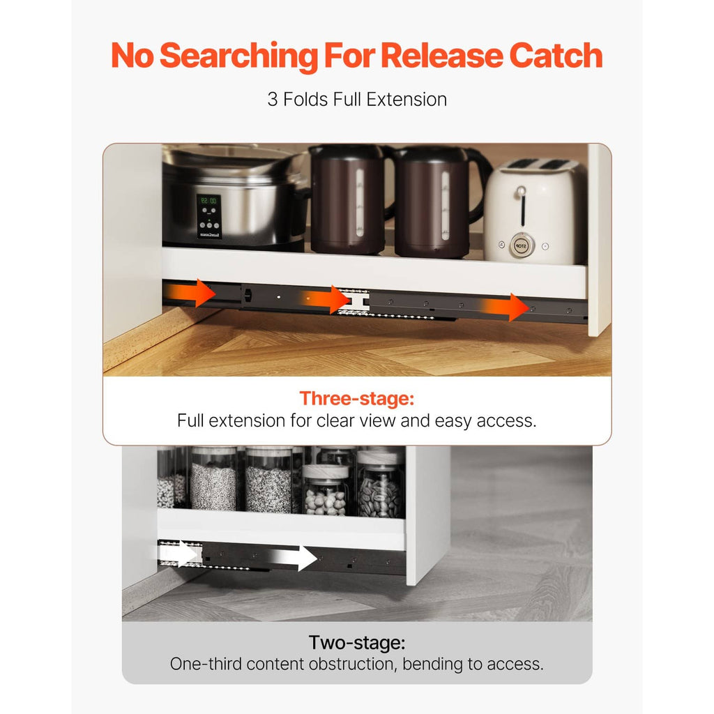 Drawer slide rails with full-extension track and release-catch mechanism illustration