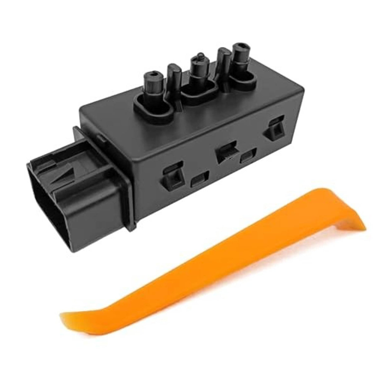 Black power seat switch module with orange lever, side view with button sockets