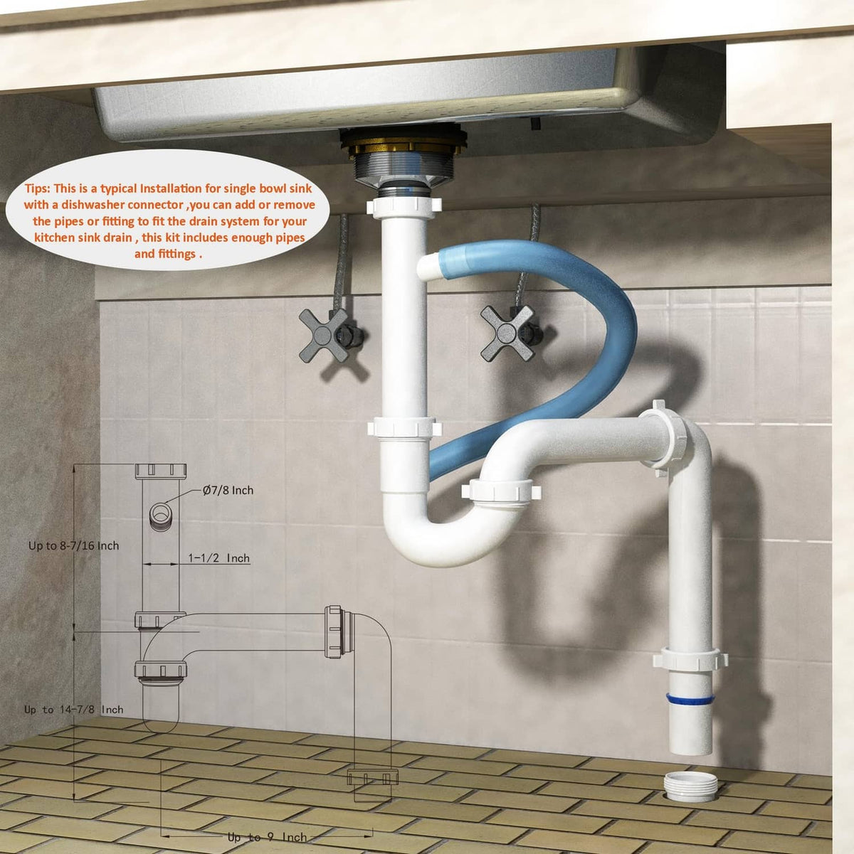 Installed white double-bowl sink drain assembly with trap, elbows, and blue hose