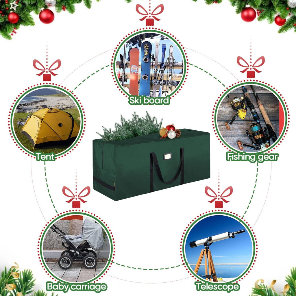 Green Christmas tree storage bag with wide U-shaped handles and front label patch