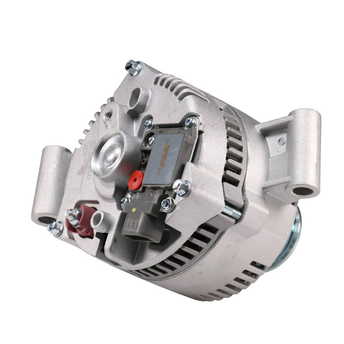 Silver alternator with regulator module and electrical connector, angled top view