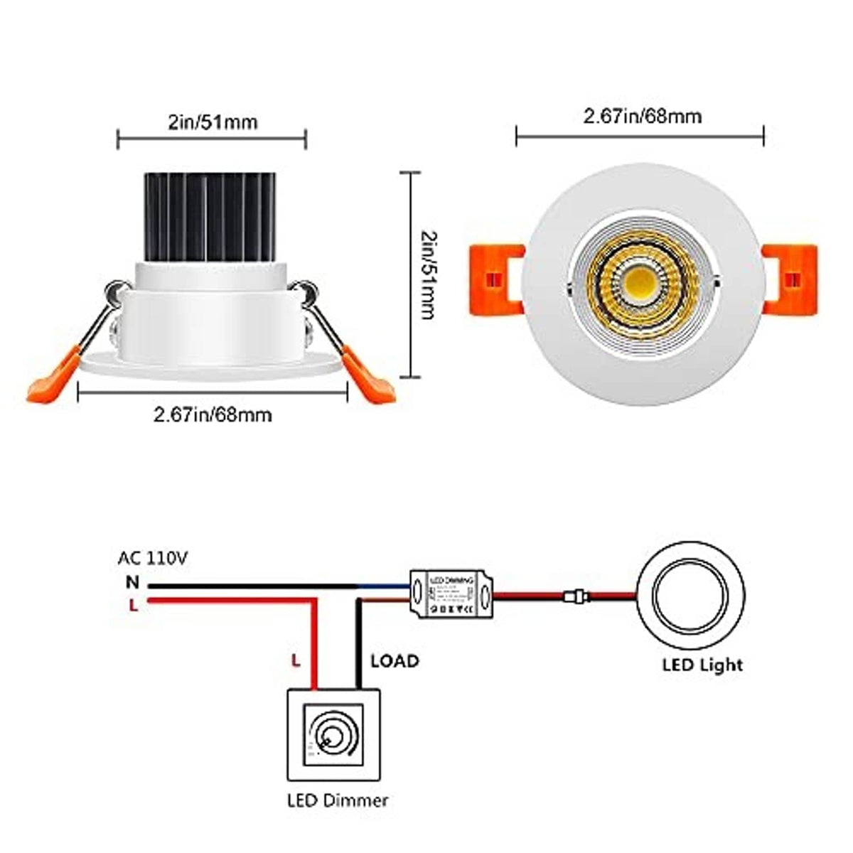 2-inch recessed LED downlight with white housing, orange clips, and front lens