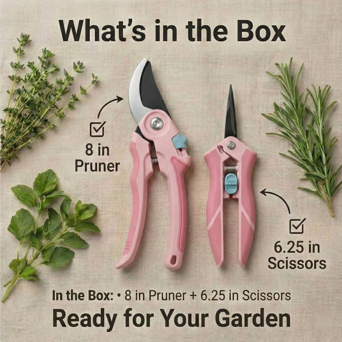 Pink pruning tool set showing 8 in pruner and 6.25 in scissors