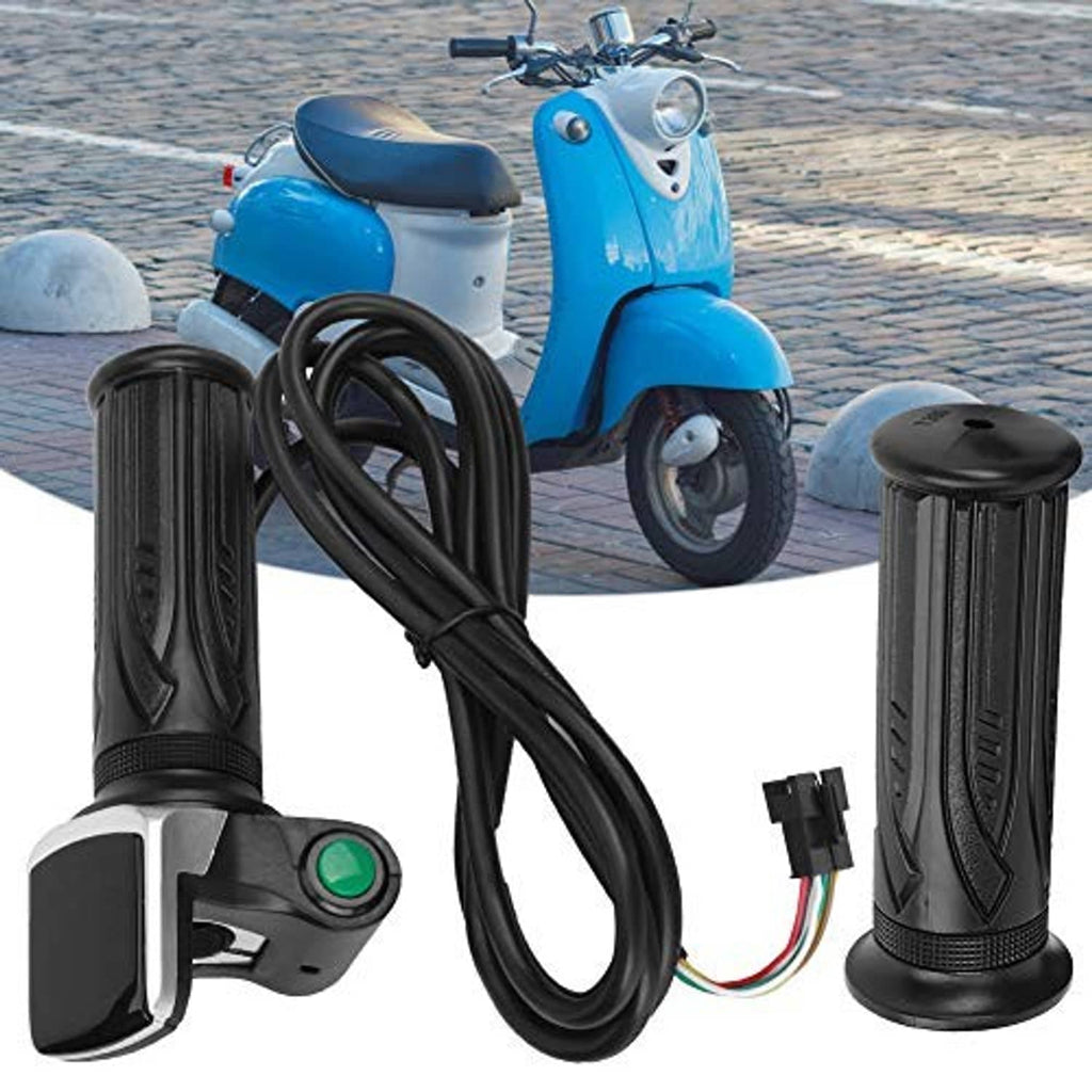 Motorcycle electric throttle grip with green indicator button, paired black handlebar grips