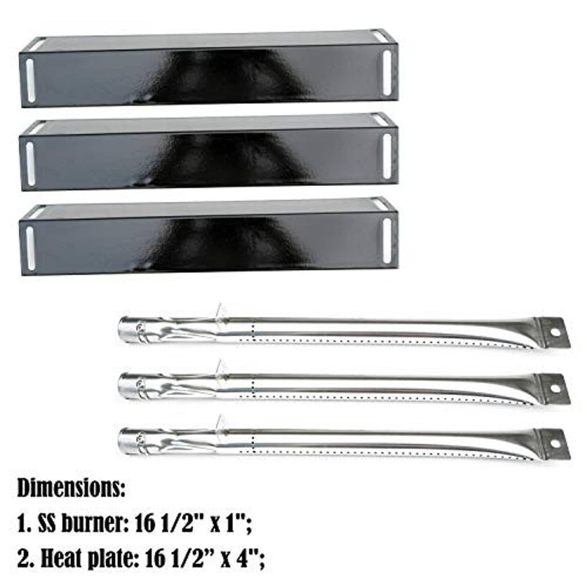 Replacement gas grill parts: three stainless burner tubes and three heat plates