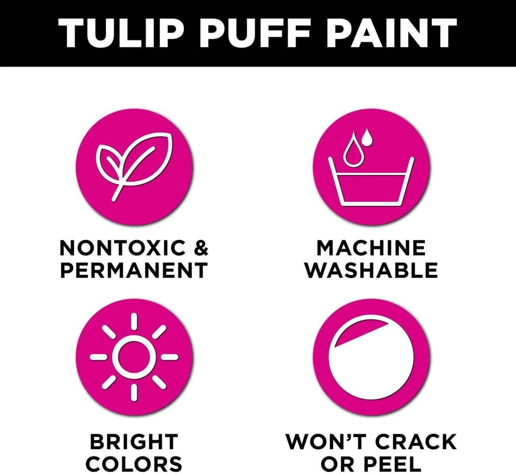 Tulip Puff Paint feature icons: non-toxic, permanent, machine washable, bright, won’t crack