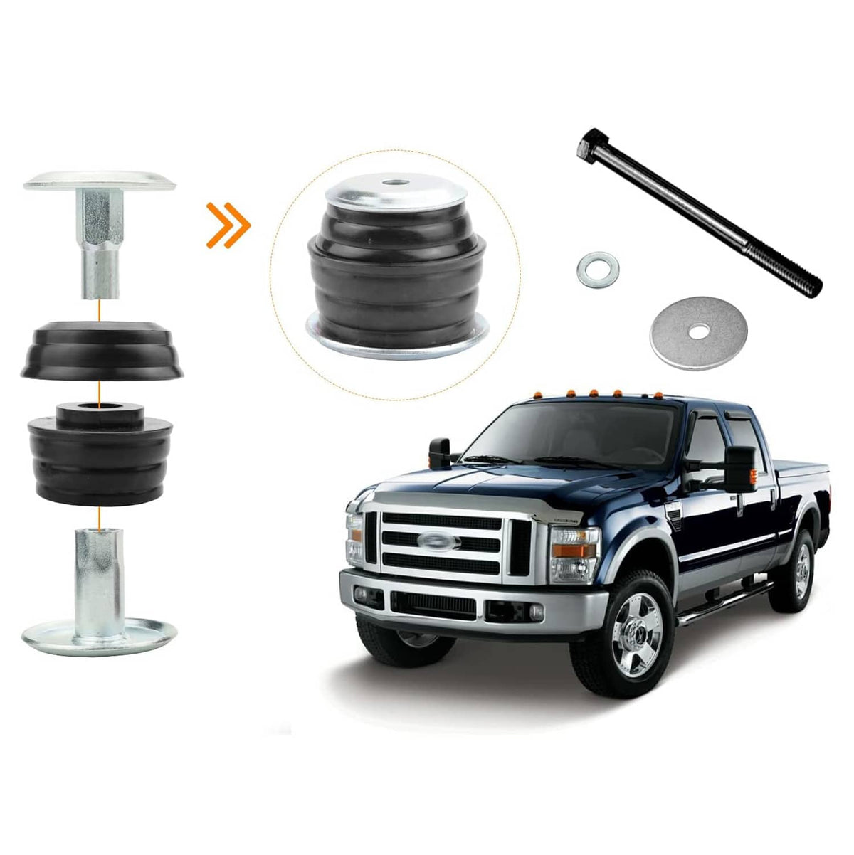 Body cab mount bushing with threaded bolt and round washer shown with hardware