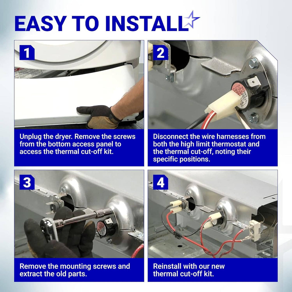 Dryer thermal cut-off fuse kit installation steps with mounting bracket and connectors