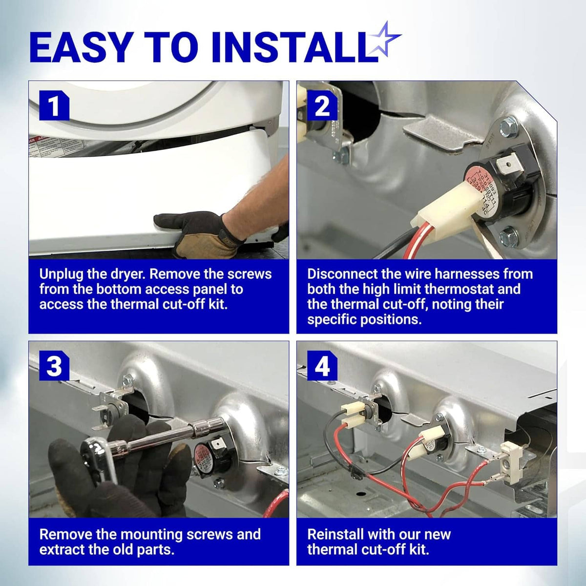 Dryer thermal cut-off fuse kit installation steps with mounting bracket and connectors