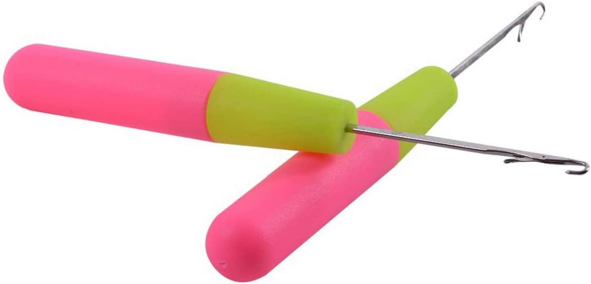 Latch hook crochet needle with pink and lime green foam handle, silver metal tip