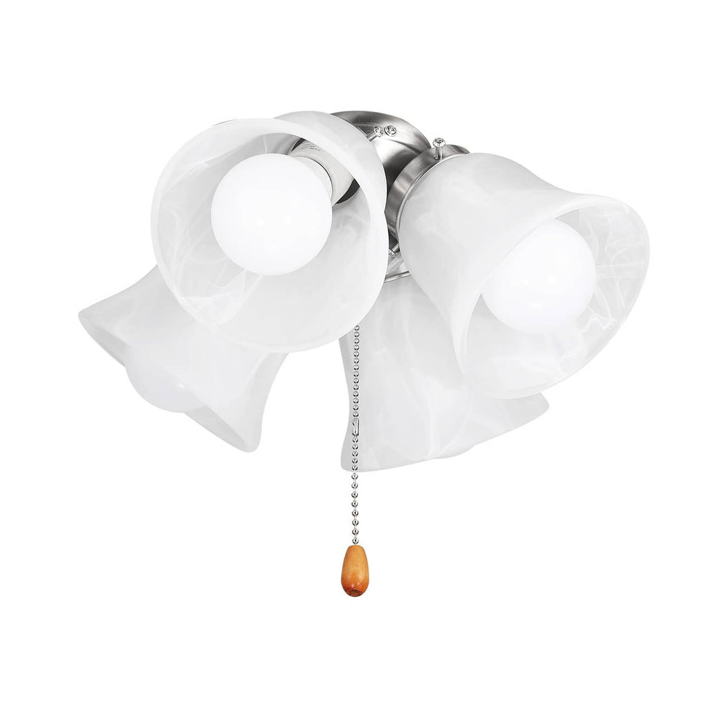 Ceiling fan light kit with four white glass shades and pull chain with amber bead