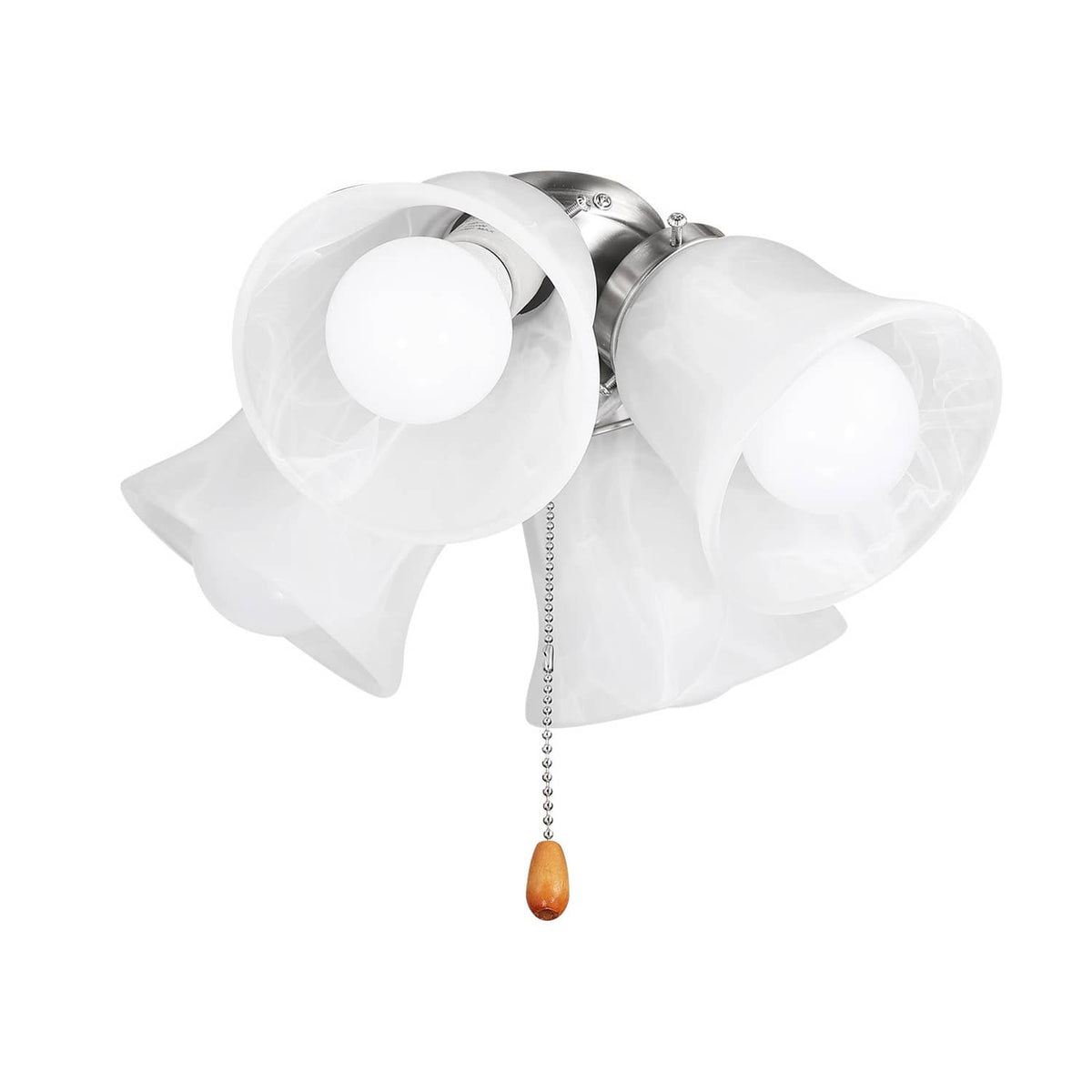 Ceiling fan light kit with four white glass shades and pull chain with amber bead