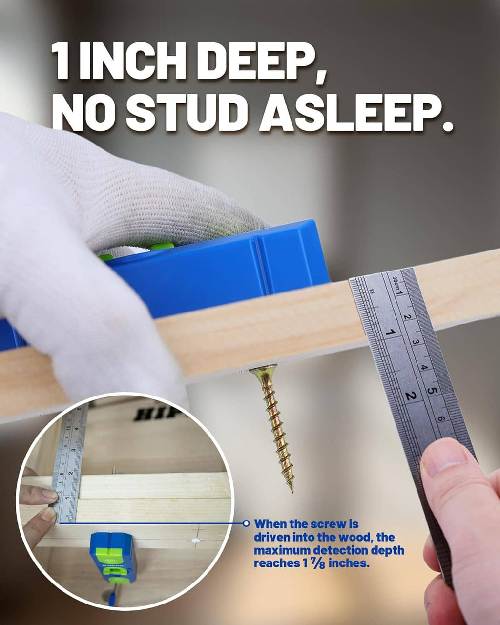 Blue and green stud finder near a measuring ruler with gloved hand and screw