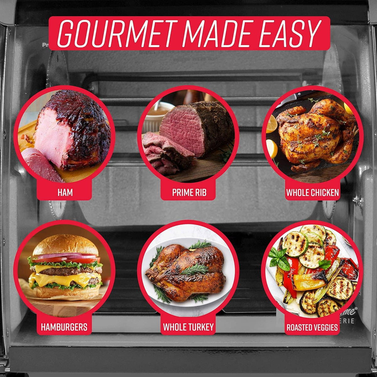 Rotisserie oven interior with food cooking icons and a roasted chicken image