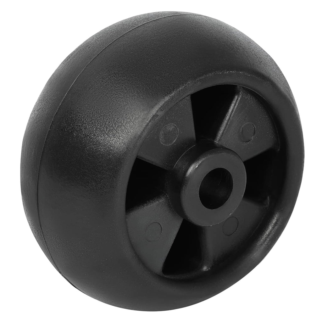 Black deck wheel with 5-spoke hub and center mounting hole, angled view