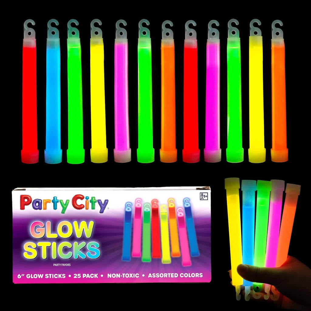 Assorted 6-inch glow sticks in red, blue, green, yellow, pink, orange