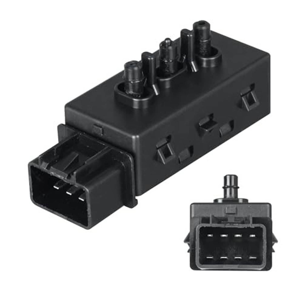 Black power seat switch module with front plug housing and multi-pin sockets