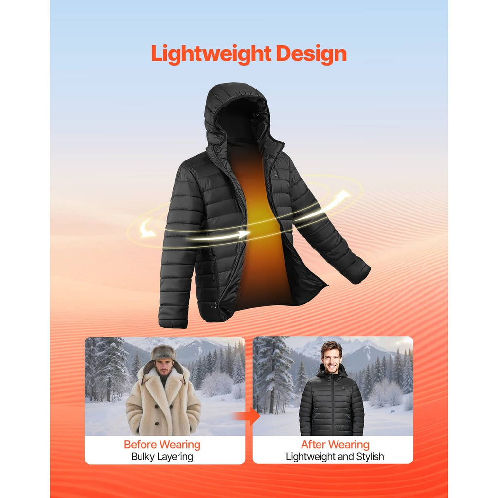 Black heated men’s hooded puffer jacket with lightweight quilted design