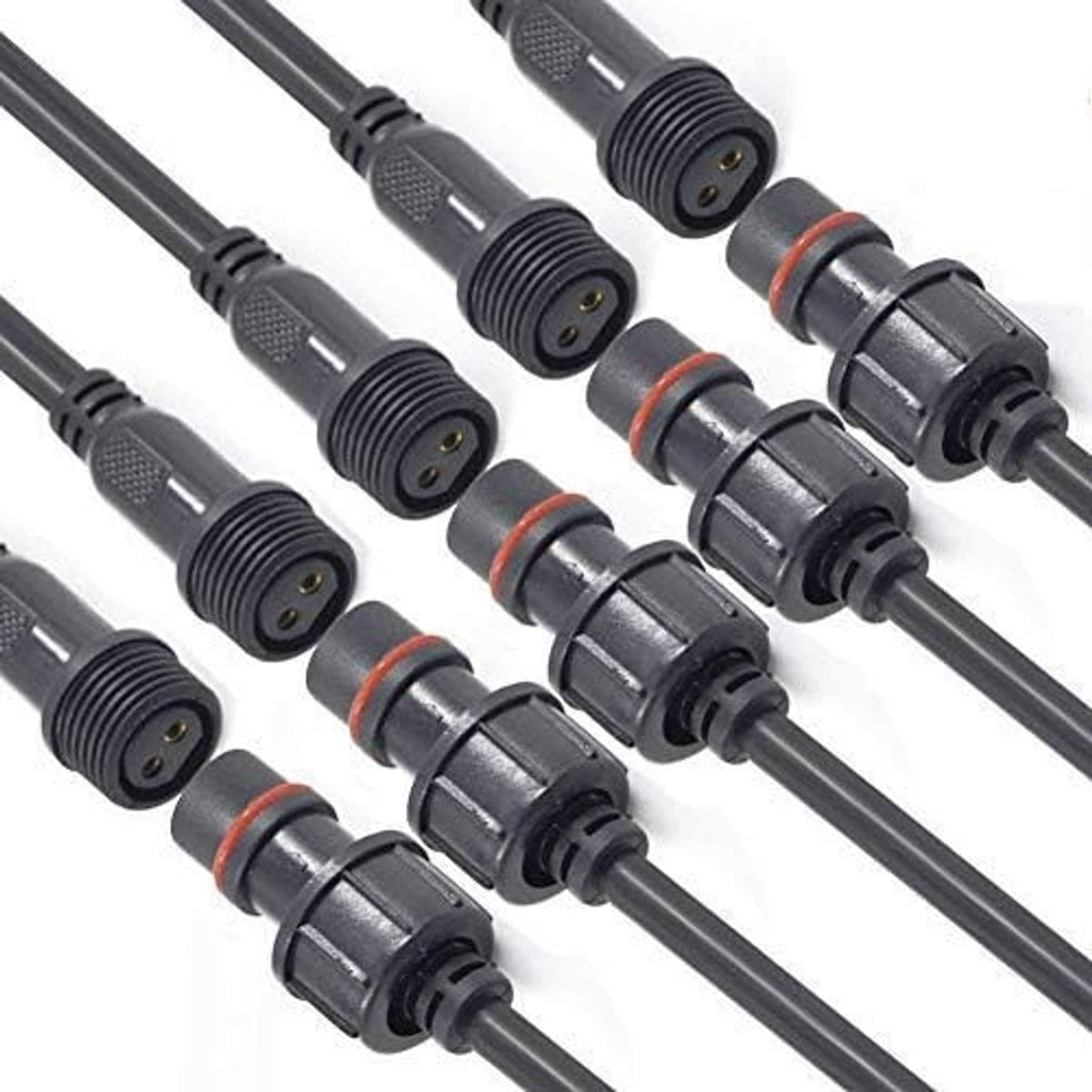 Assorted waterproof 2-pin plug connectors on black cable, with metal contacts and orange rings