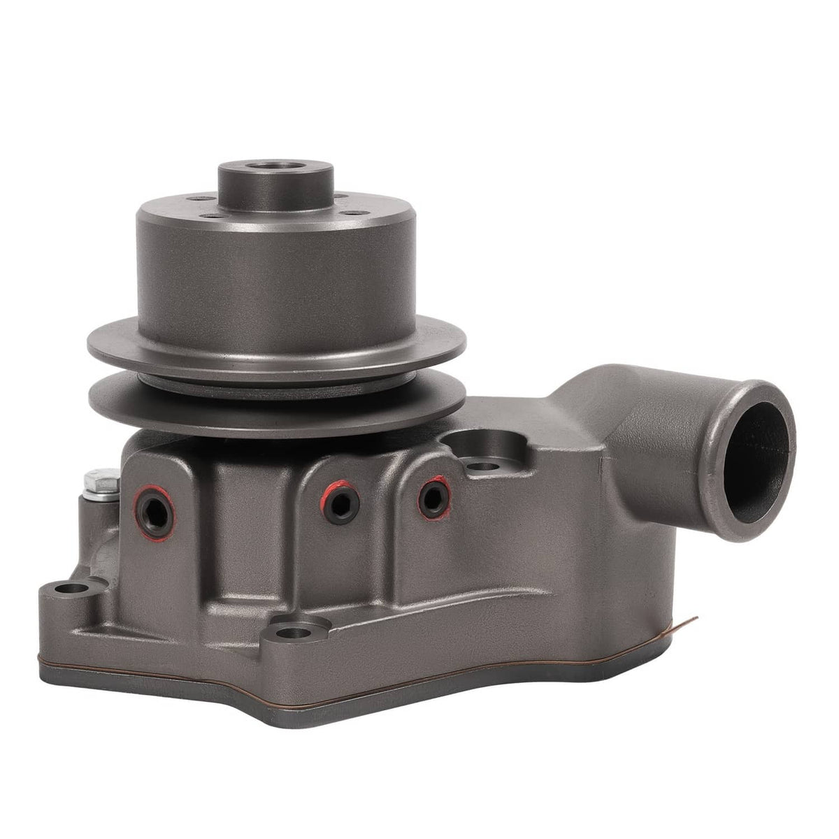 Gray water pump with pulley and outlet spout, front view of metal housing