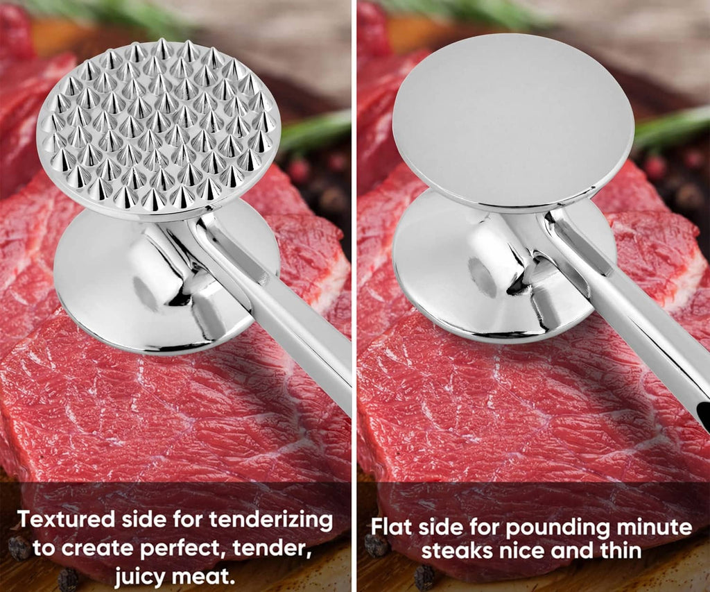 Double-sided meat tenderizer hammer with textured round and flat pounding discs