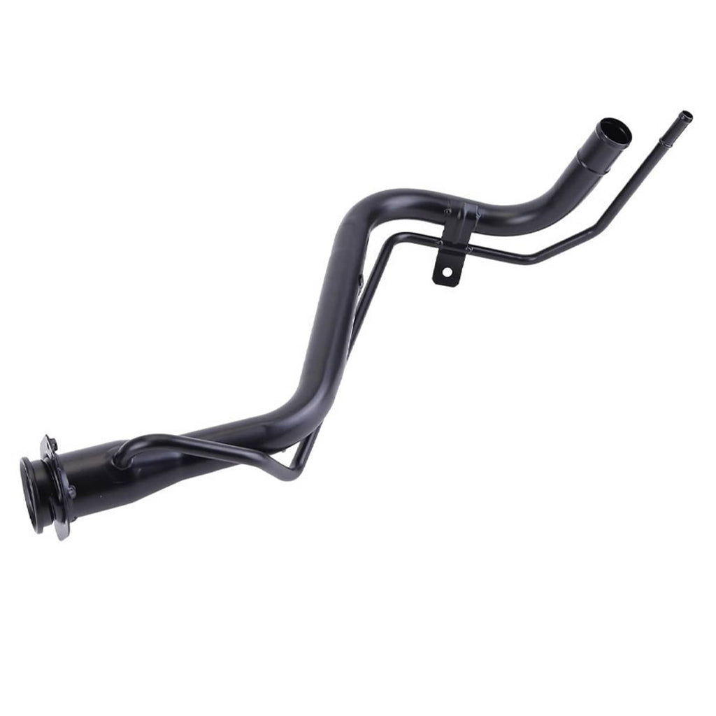 Fuel tank filler neck pipe, black metal with curved sections and small bracket