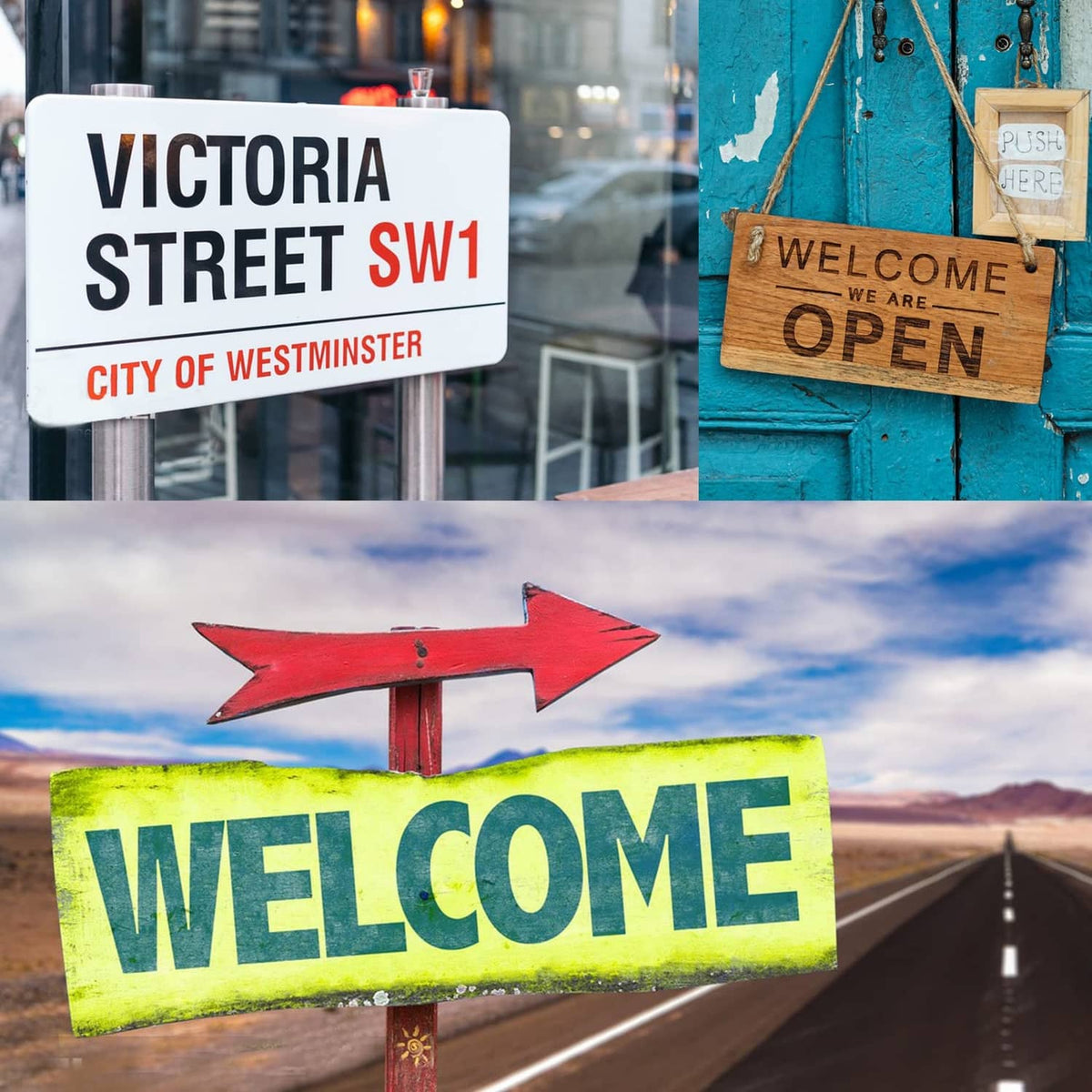 Large letter and number stencil set used to create a colorful WELCOME sign with arrow
