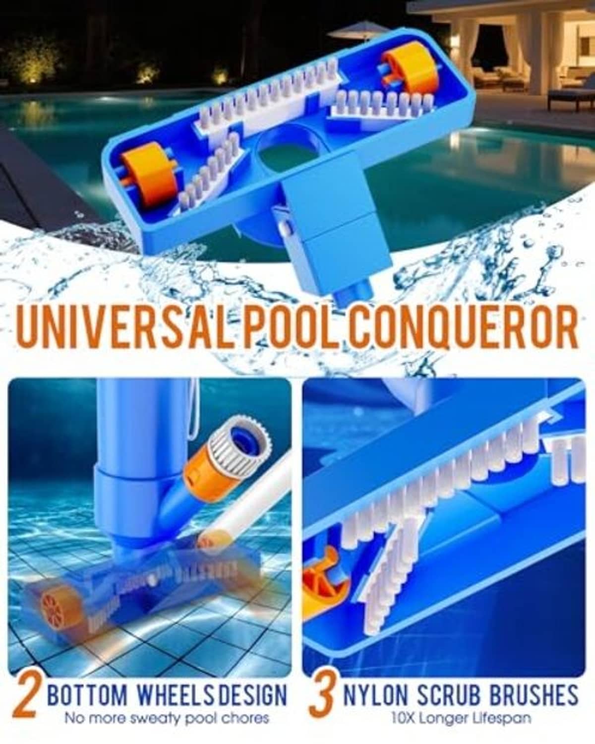 Blue pool vacuum brush assembly with side rollers and orange jet nozzles