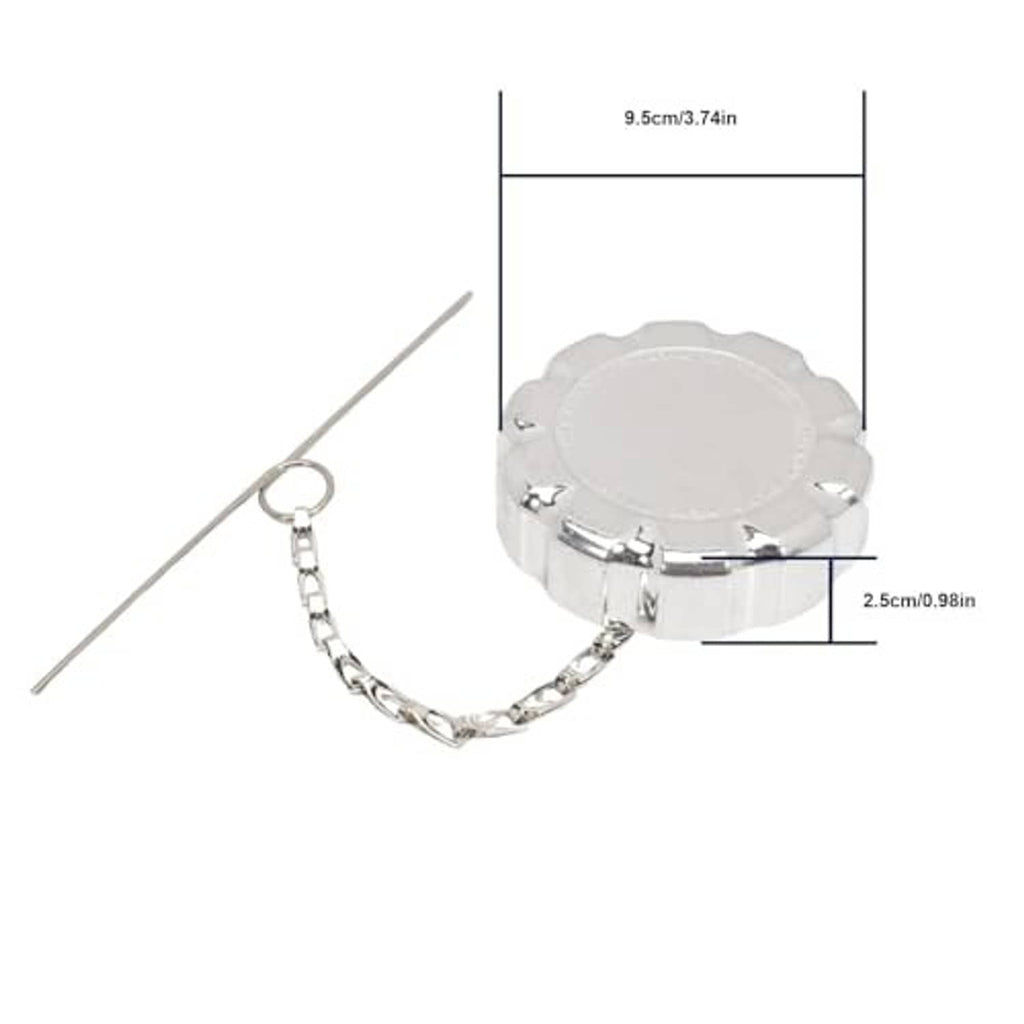 Chrome fuel tank cap with chain, dimensions marked 9.5 cm and 2.5 cm