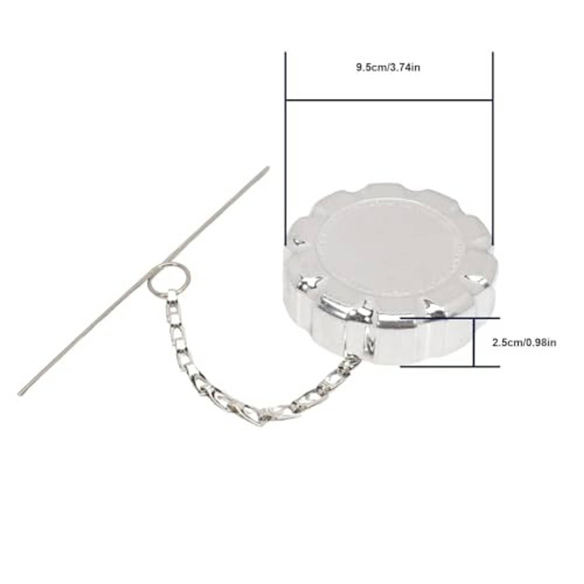 Chrome fuel tank cap with chain, dimensions marked 9.5 cm and 2.5 cm