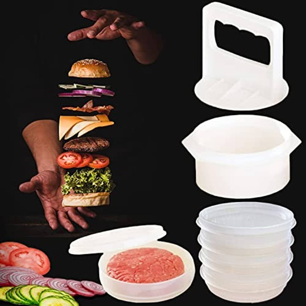 White hamburger patty press and freezer containers with raw burger patties, stackable lids