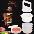 White hamburger patty press and freezer containers with raw burger patties, stackable lids