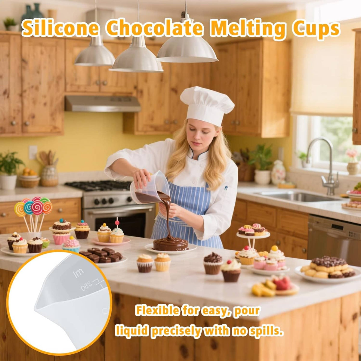 Set of 4 white silicone chocolate melting cups with pouring spouts