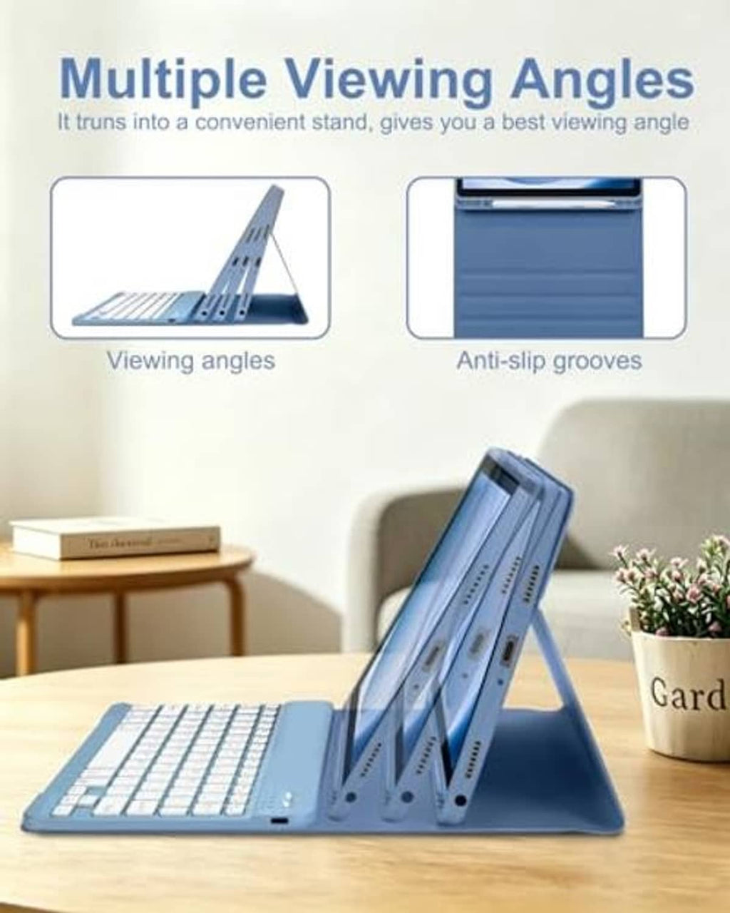 Blue tablet case stand with multiple viewing angles and anti-slip base grooves