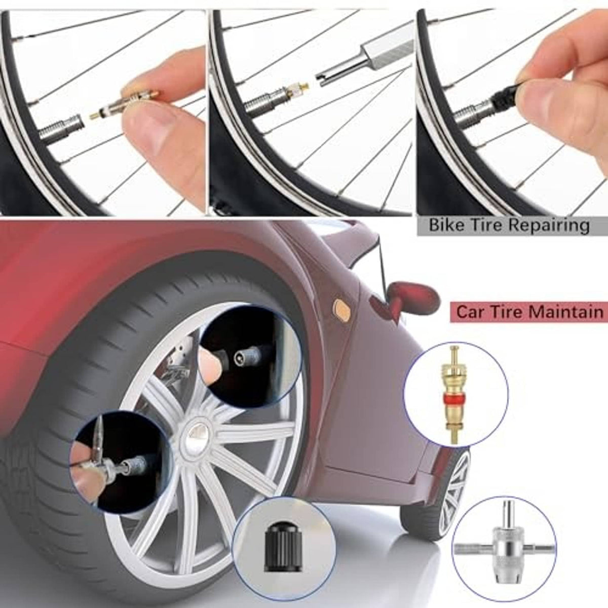 Car tire valve core tool in use on a wheel valve; close-up of the removed core