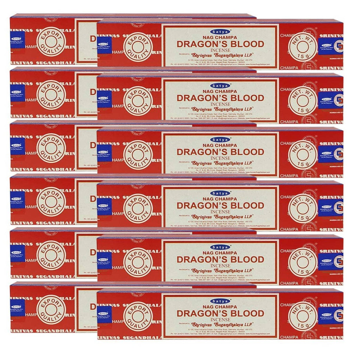 Multiple Nag Champa Dragon’s Blood incense boxes, stacked