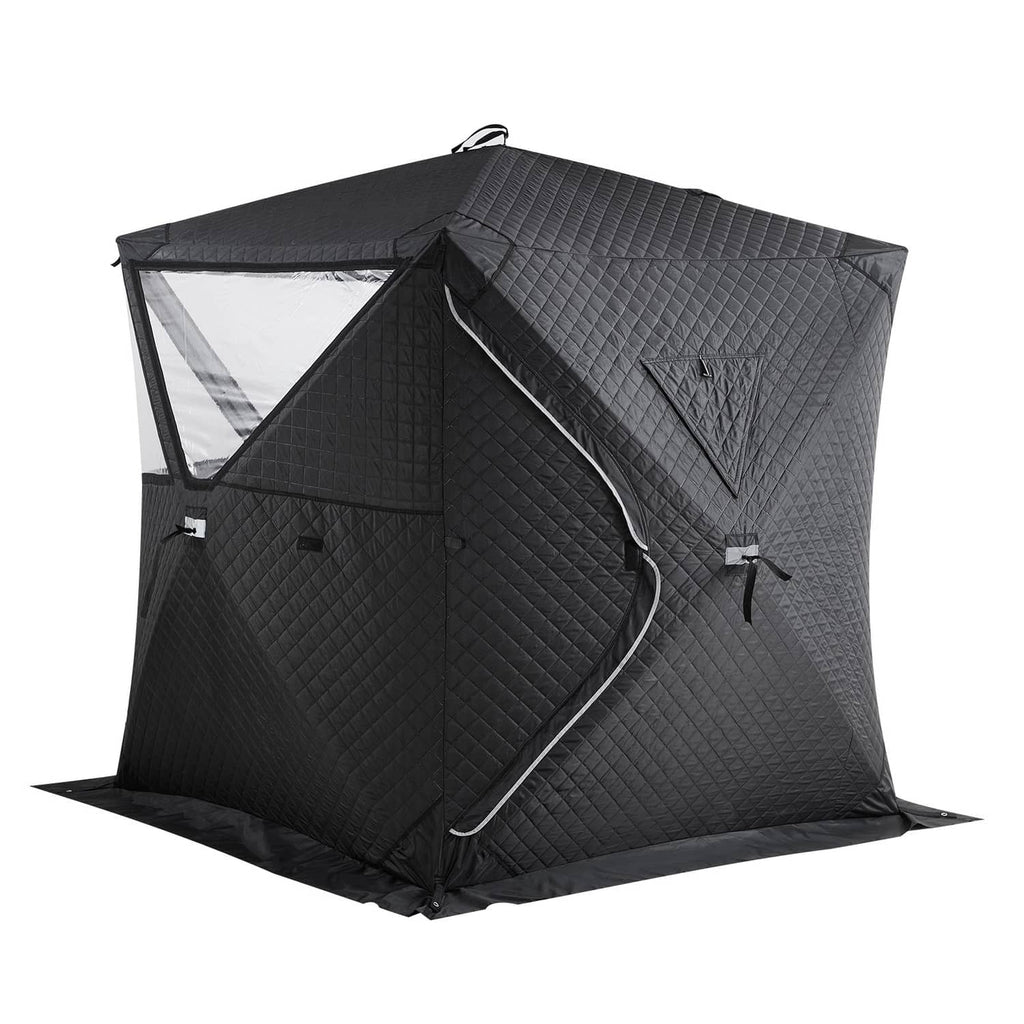 Black outdoor sauna tent with zippered side door and quilted carry surfaces
