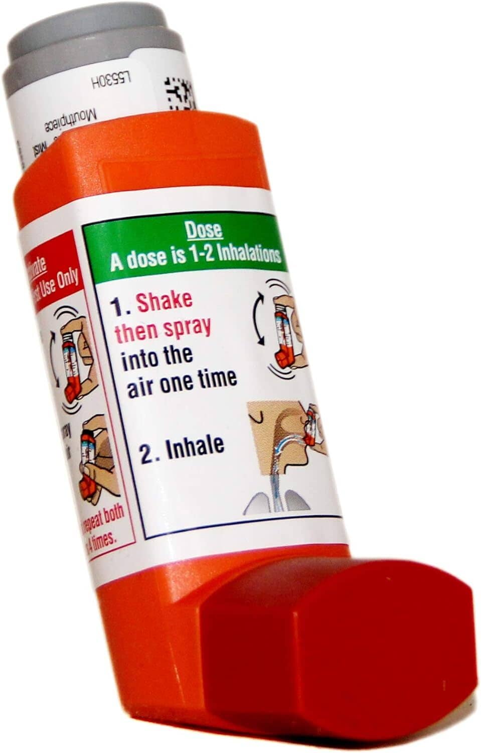 Epinephrine asthma inhaler canister with orange actuator and white dose instruction label