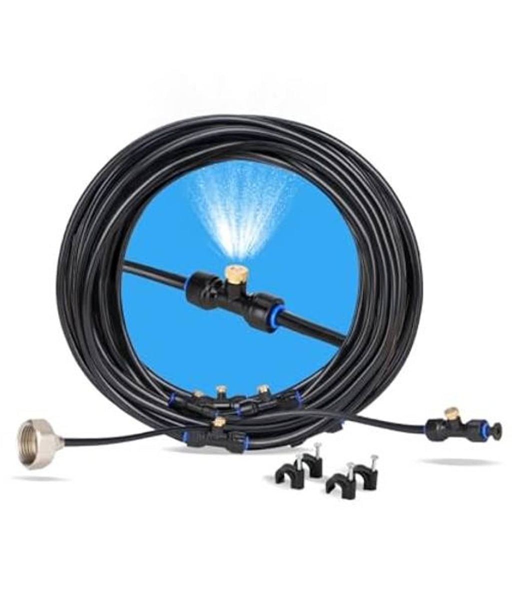 Misting system hose kit with brass connector, nozzle clamps, and several misting nozzles