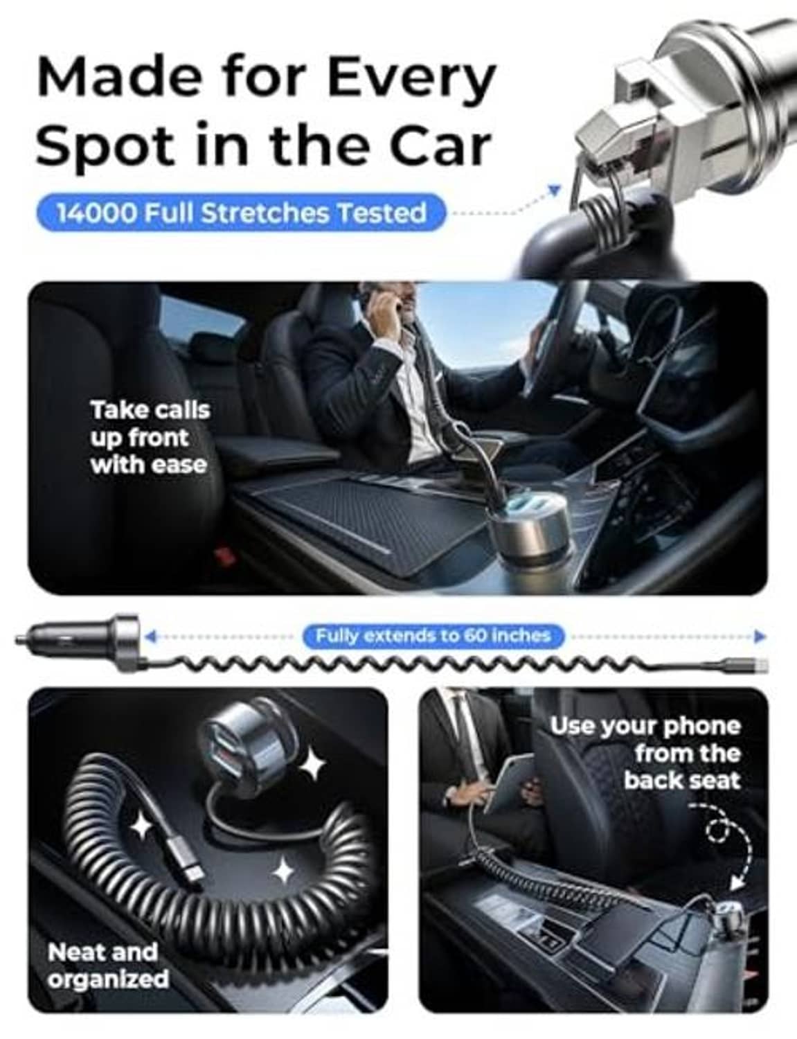 Silver-and-black car charger with long spring coiled cable for wide in-car reach