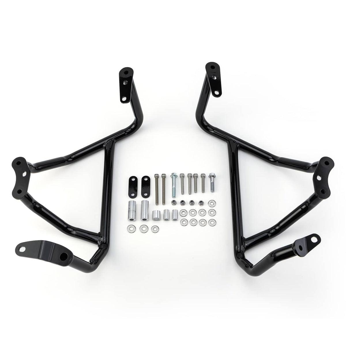 Black engine guard crash bar frame with hardware and mounting plates