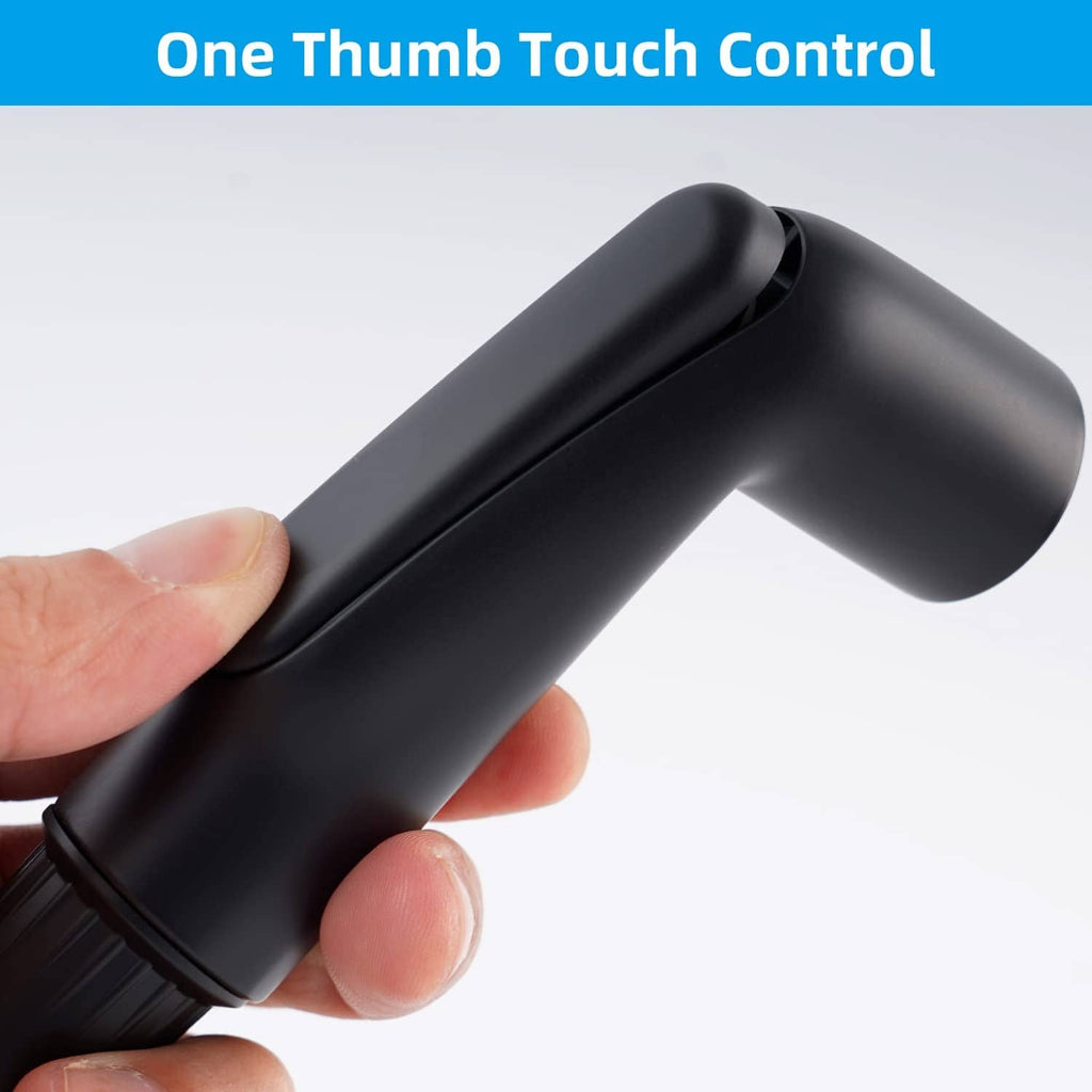 Matte black side sprayer head with curved nozzle, held for one-thumb control