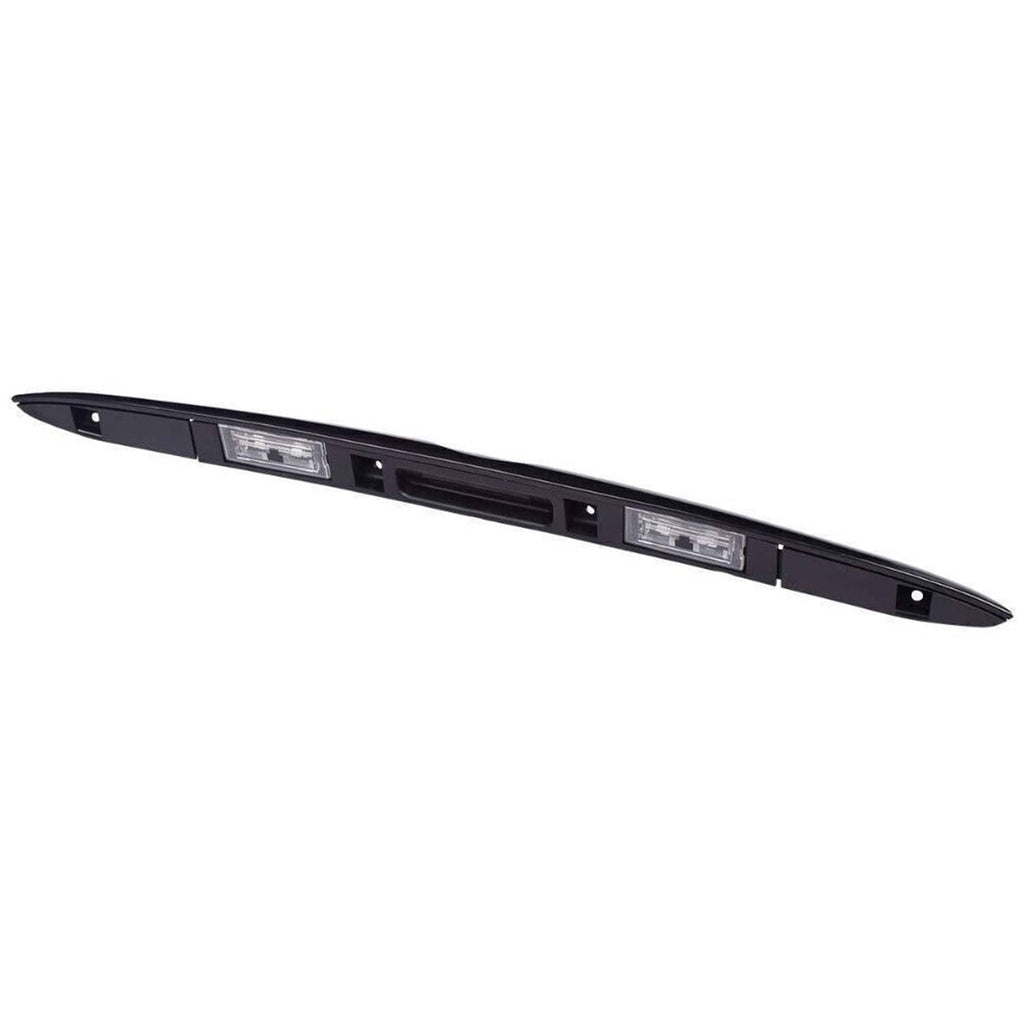 Black tailgate grip handle trim, front view with two clear rectangular light lenses